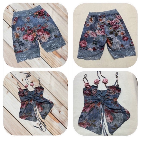 Dolls Kill Current Mood XXS floral & lace biker shorts & top set - Picture 2 of 11